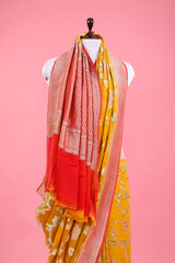 Mustard Yellow Floral Jaal Handwoven Georgette Khaddi Silk Saree - Chinaya Banaras