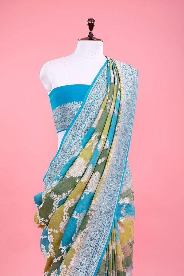 Sky Blue Rangkat Handwoven Georgette Khaddi Silk Saree - Chinaya Banaras