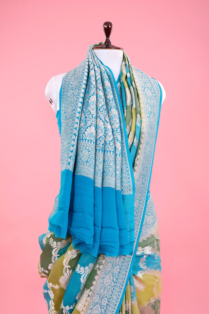 Sky Blue Rangkat Handwoven Georgette Khaddi Silk Saree - Chinaya Banaras