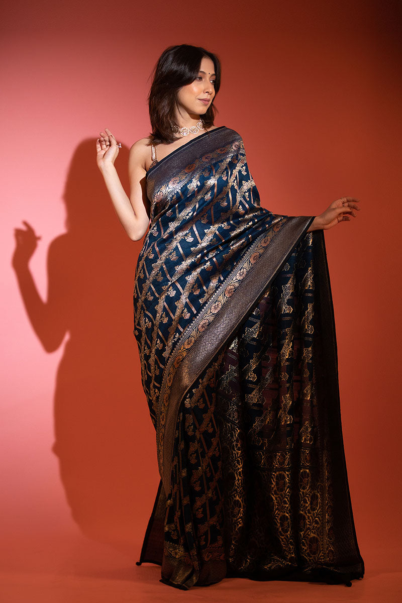 Classic Blue Handwoven Tussar khaddi Silk saree