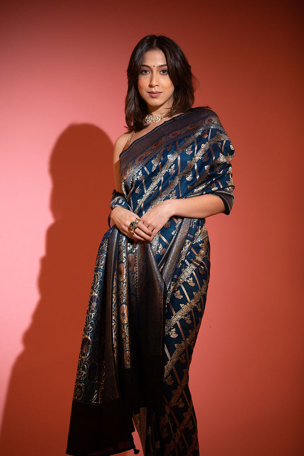 Classic Blue Handwoven Tussar khaddi Silk saree - Chinaya Banaras