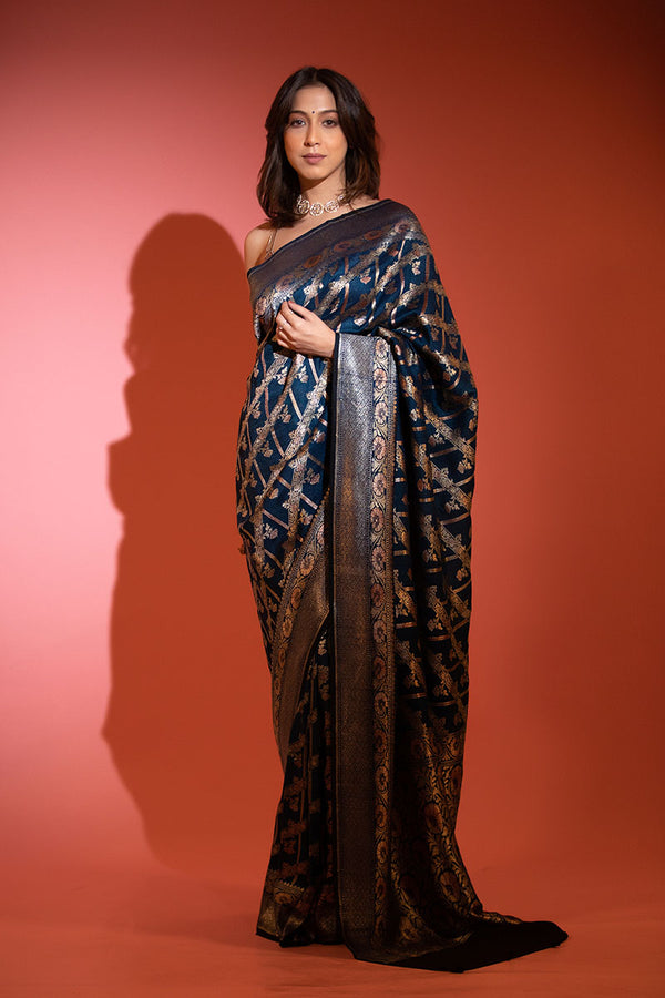 Blue Handwoven Tussar khaddi Silk Saree At Chinaya Banaras