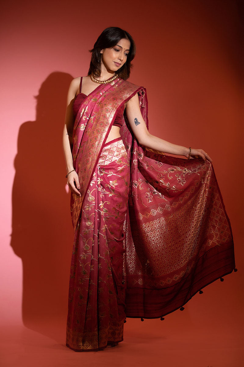 Onion Pink Handwoven Tussar Khaddi Silk Saree - Chinaya Banaras