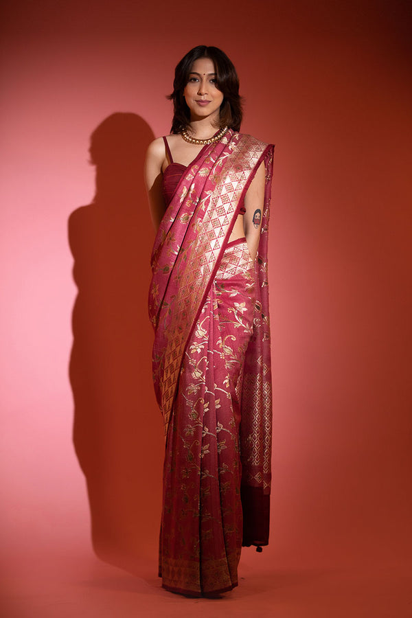 Women In Onion Pink Handwoven Tussar Khaddi Silk Saree At Chinaya Banaras