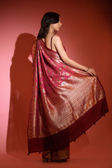 Onion Pink Handwoven Tussar Khaddi Silk Saree - Chinaya Banaras