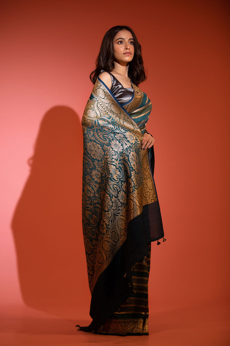 Teal Blue Rangkat Handwoven Tussar Khaddi Silk Saree