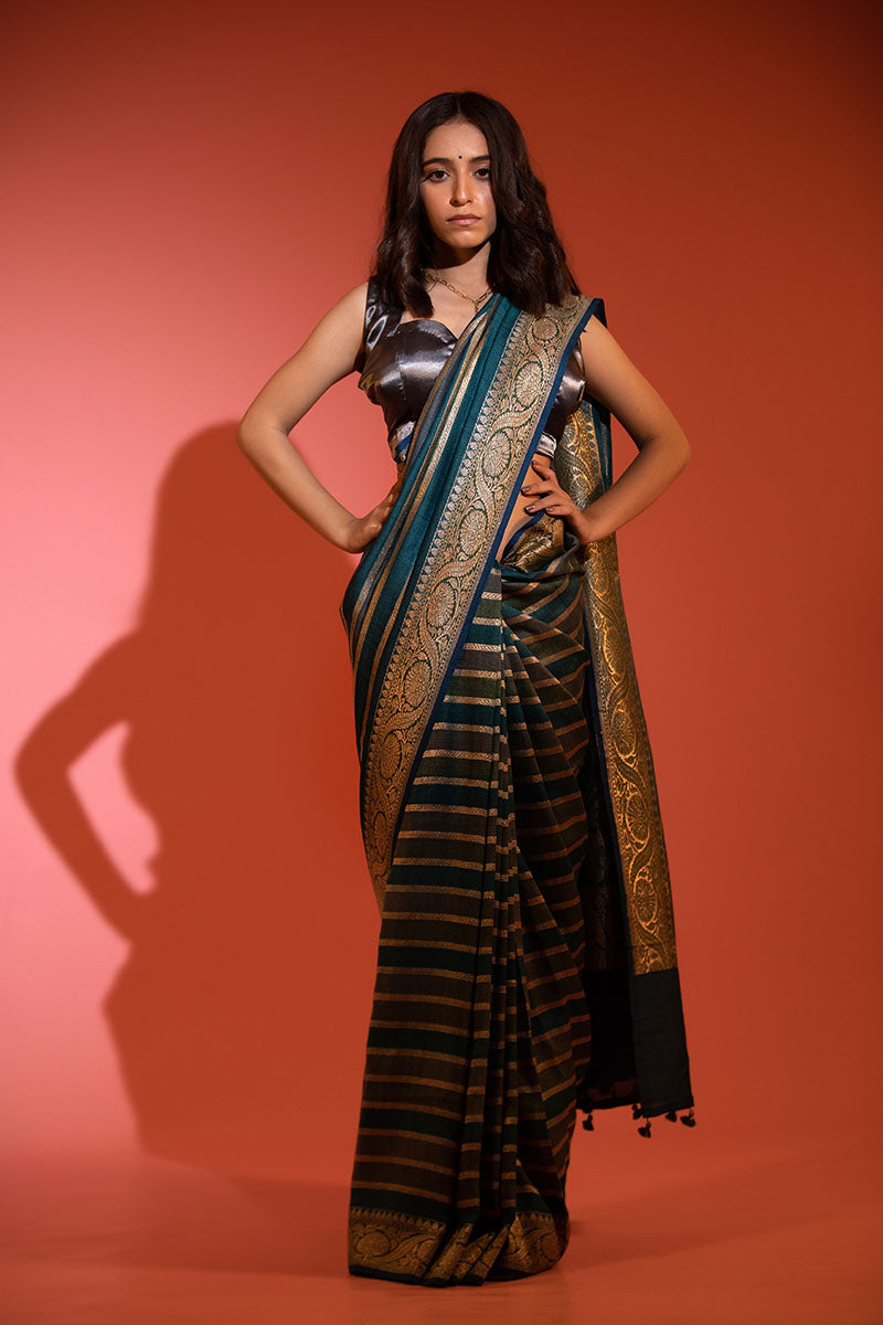 Teal Blue Rangkat Handwoven Tussar Khaddi Silk Saree - Chinaya Banaras