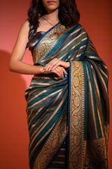 Teal Blue Rangkat Handwoven Tussar Khaddi Silk Saree