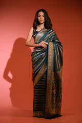 Women In Teal Blue Rangkat Handwoven Tussar Khaddi Silk Saree At Chinaya Banaras