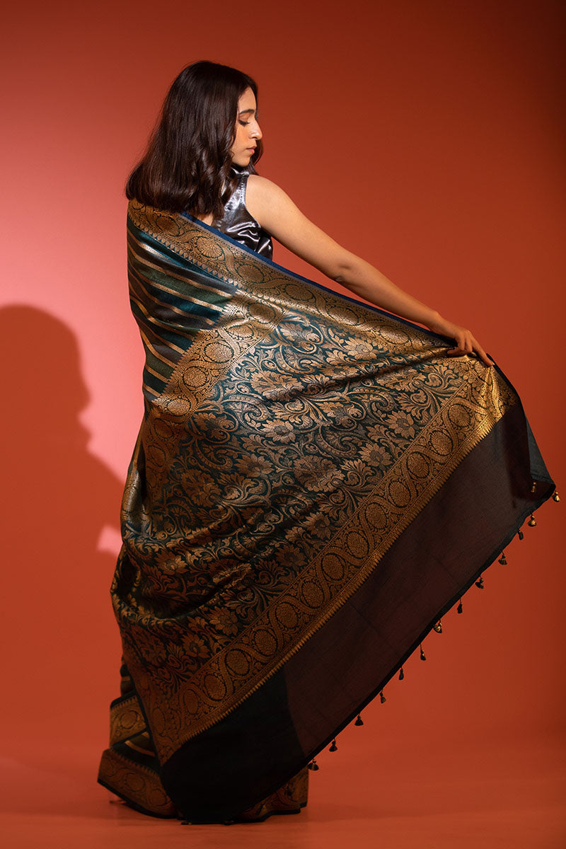 Teal Blue Rangkat Handwoven Tussar Khaddi Silk Saree - Chinaya Banaras