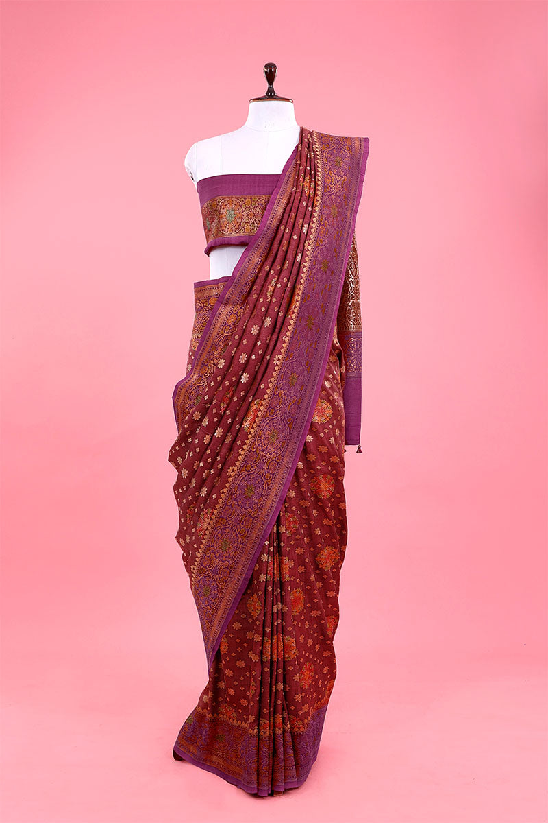 Rust Red Ethnic Handwoven Tussar Khaddi Silk Saree