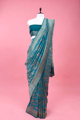 Blue Floral Jaal Woven Tussar Khaddi Silk Saree At Chinaya Banaras