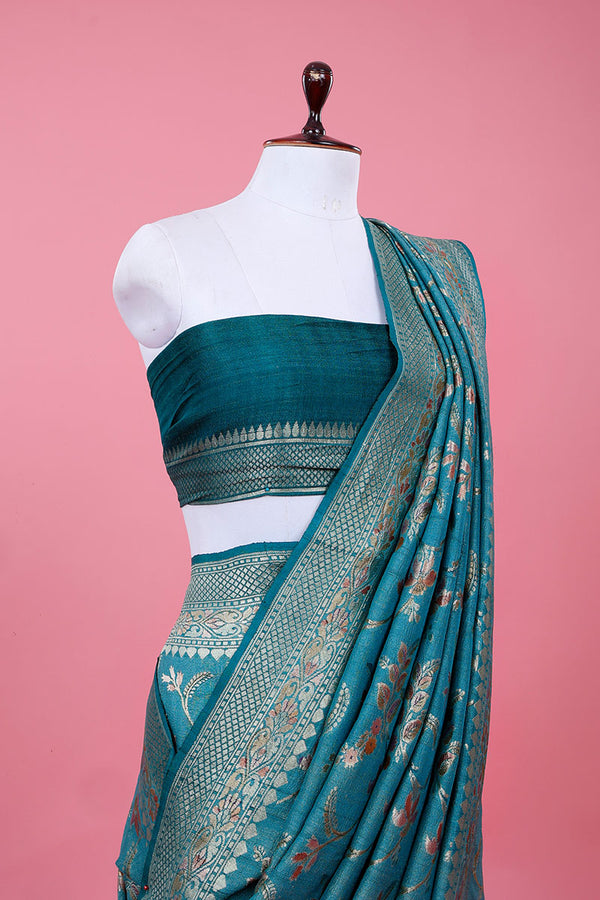 Teal Blue Floral Jaal Woven Tussar Khaddi Silk Saree - Chinaya Banaras