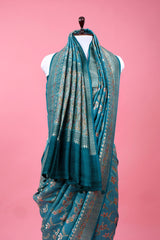 Teal Blue Floral Jaal Woven Tussar Khaddi Silk Saree - Chinaya Banaras