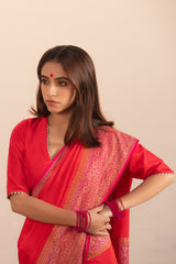 True Red Handwoven Crepe Khaddi Silk Saree - Chinaya Banaras