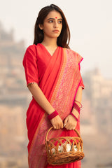 True Red Handwoven Crepe Khaddi Silk Saree - Chinaya Banaras
