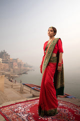 Women In Red Woven Crepe Khaddi Silk Saree At Chinaya Banaras