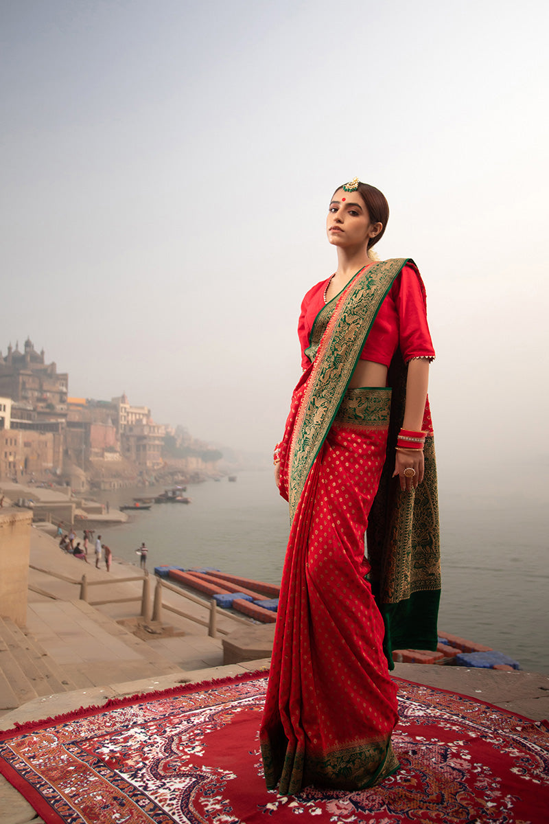 Women In Red Woven Crepe Khaddi Silk Saree At Chinaya Banaras