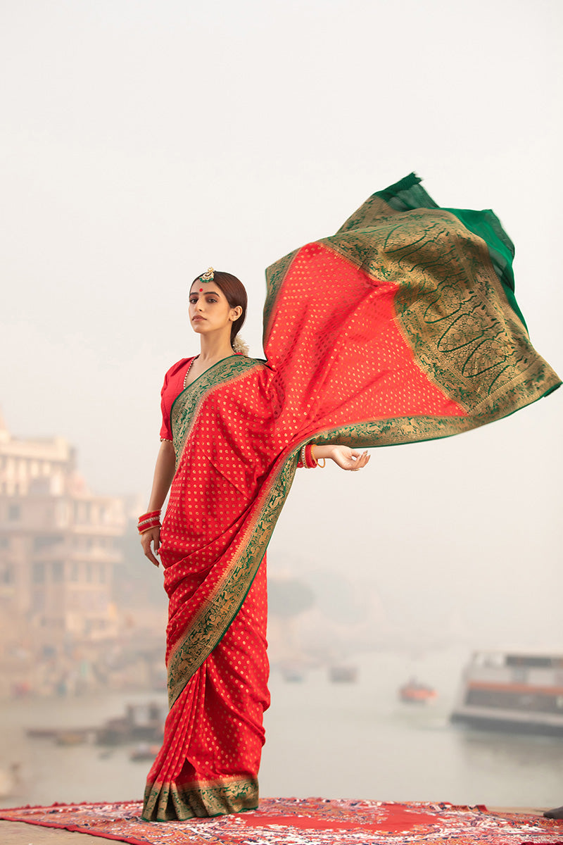 Scarlet Red Shikargah Woven Crepe Khaddi Silk Saree - Chinaya Banaras