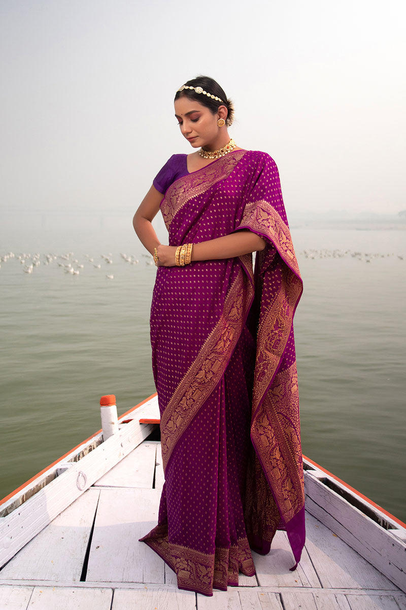 Purple Ethnic Woven Crepe Khaddi Silk Saree - Chinaya Banaras