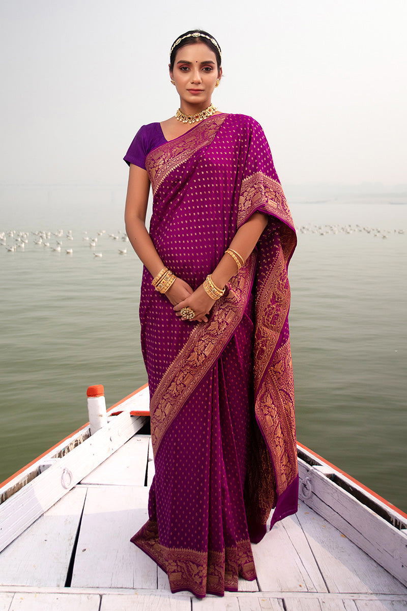 Purple Ethnic Woven Crepe Khaddi Silk Saree - Chinaya Banaras