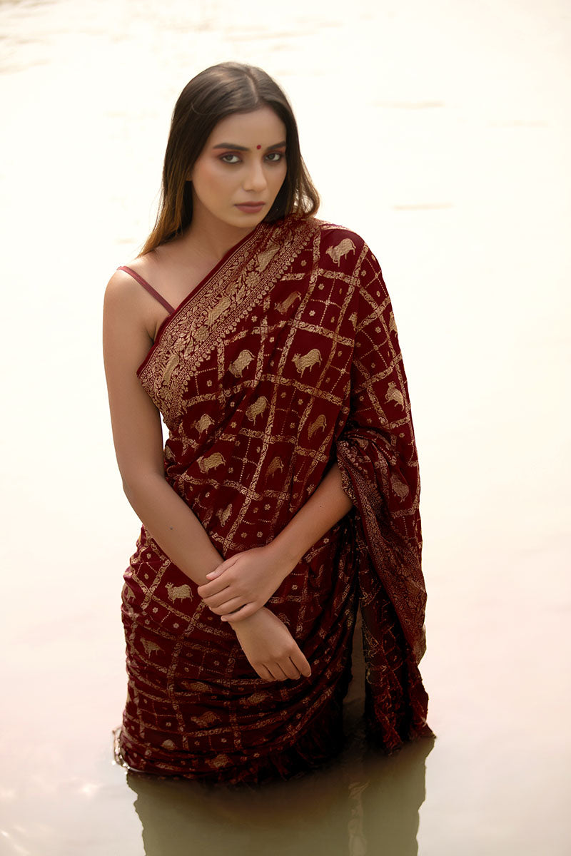 Women in Maroon Silk Saree at Banaras Ganga Ghat