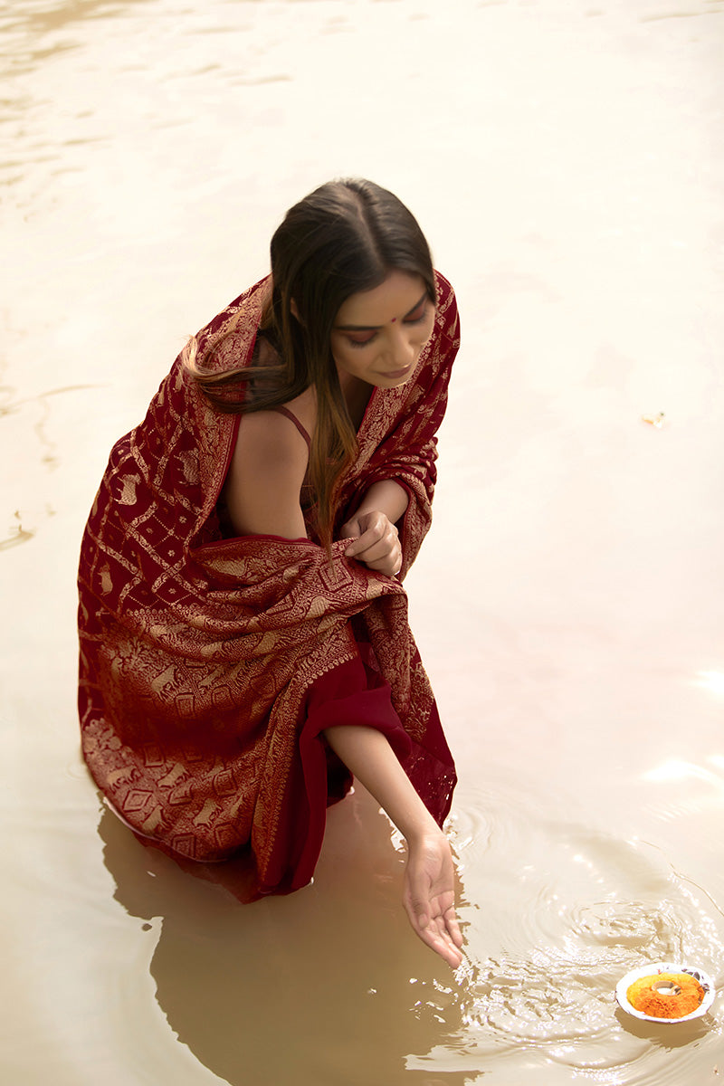 Women in Maroon Silk Saree at Banaras Ganga Ghat