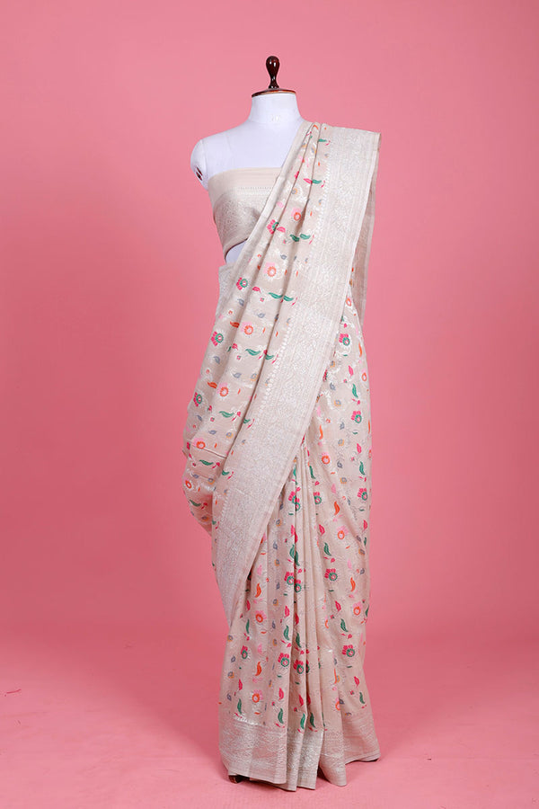 White Floral Meenakari Woven Tussar Khaddi Silk Saree At Chinaya Banaras