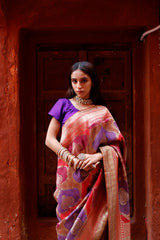 Rust Peach & Purple Rangkat Woven Tussar Khaddi Silk Saree - Chinaya Banaras