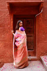 Rust Peach & Purple Rangkat Woven Tussar Khaddi Silk Saree - Chinaya Banaras