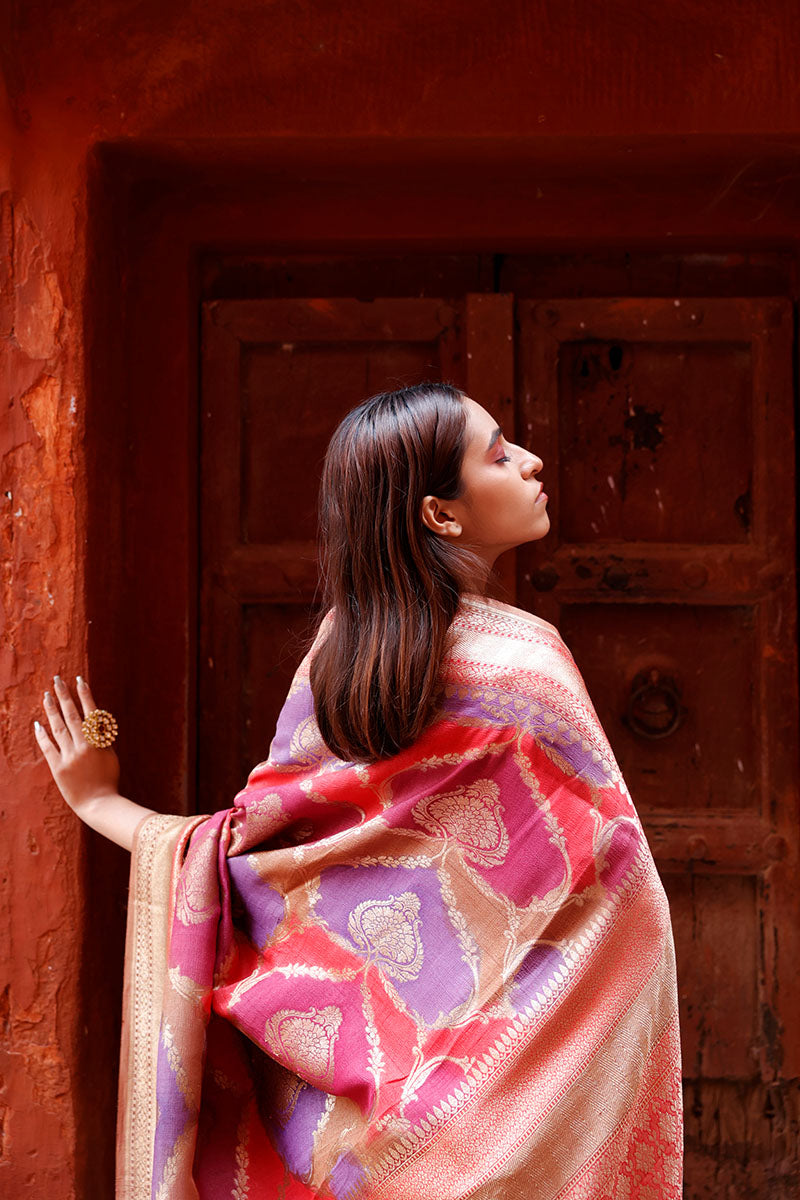 Rust Peach & Purple Rangkat Woven Tussar Khaddi Silk Saree - Chinaya Banaras