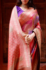 Rust Peach & Purple Rangkat Woven Tussar Khaddi Silk Saree - Chinaya Banaras