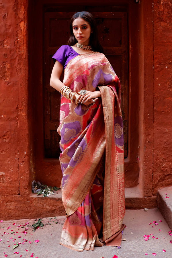 Women In Peach & Purple Woven Tussar Khaddi Silk Saree At Chinaya Banaras