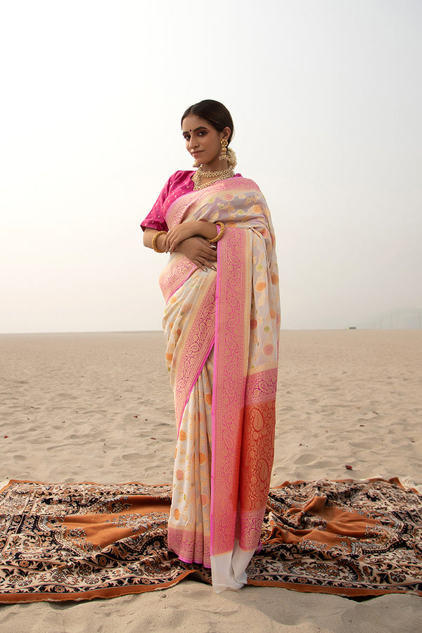 Women In White Woven Georgette Khaddi Silk Saree At Chinaya Banaras