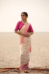 White & Pink Floral Jaal Woven Georgette Khaddi Silk Saree - Chinaya Banaras