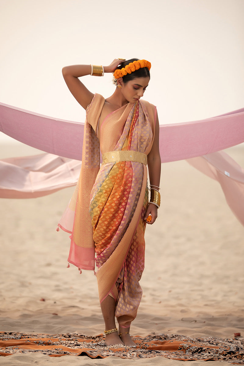 Multicolored Rangkat Woven Georgette Khaddi Silk Saree - Chinaya Banaras
