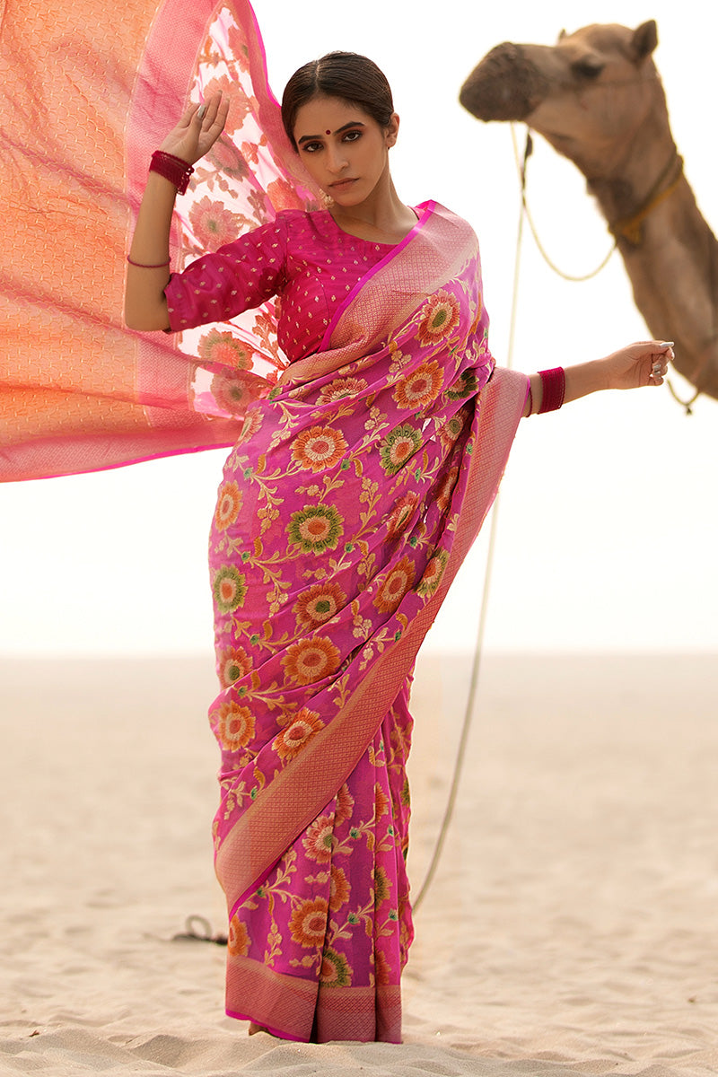 Women In Pink  Woven Georgette Khaddi saree At Chinaya Banaras
