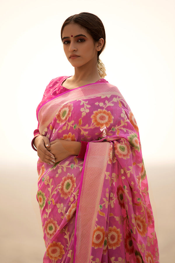 Rose Pink Floral Jaal Woven Georgette Khaddi Silk Saree - Chinaya Banaras