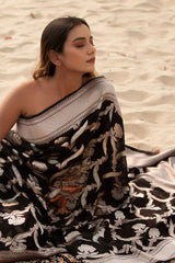 Black Floral Jaal Woven Georgette Khaddi Silk Saree - Chinaya Banaras