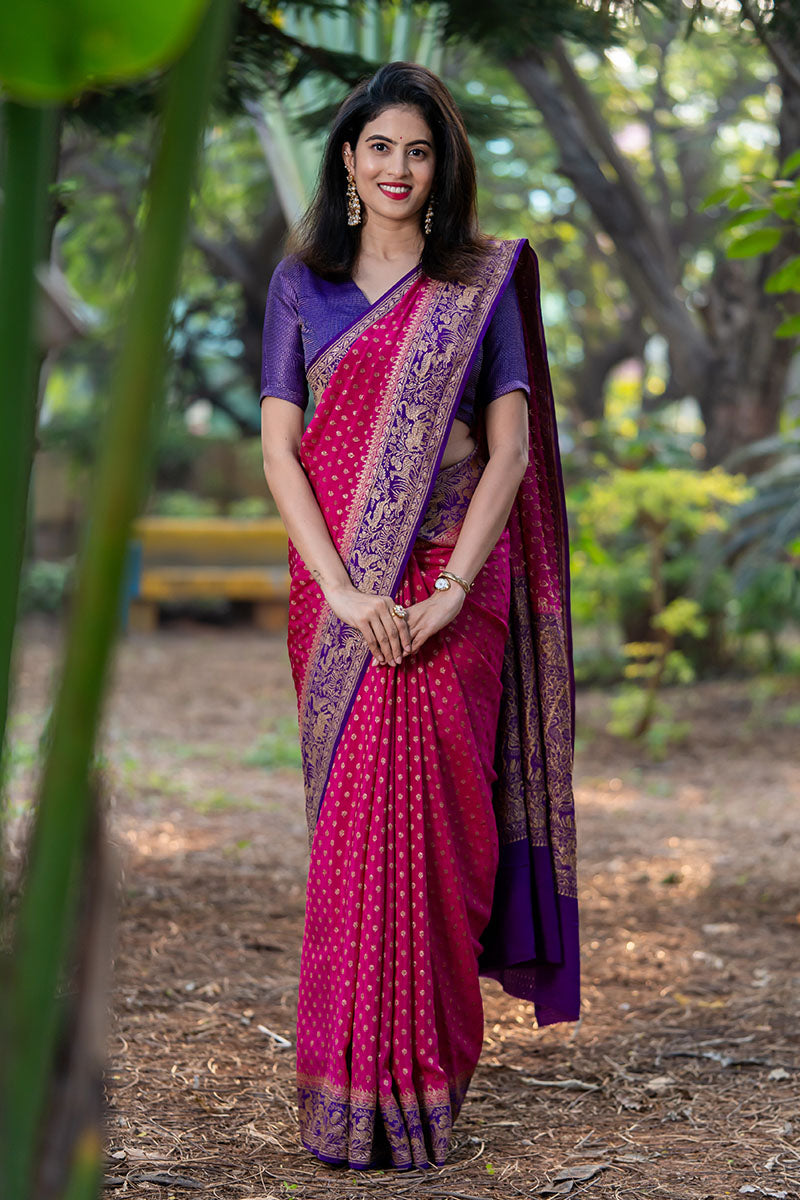 Women In Pink & Purple Woven Crepe Khaddi Silk Saree At Chinaya Banaras