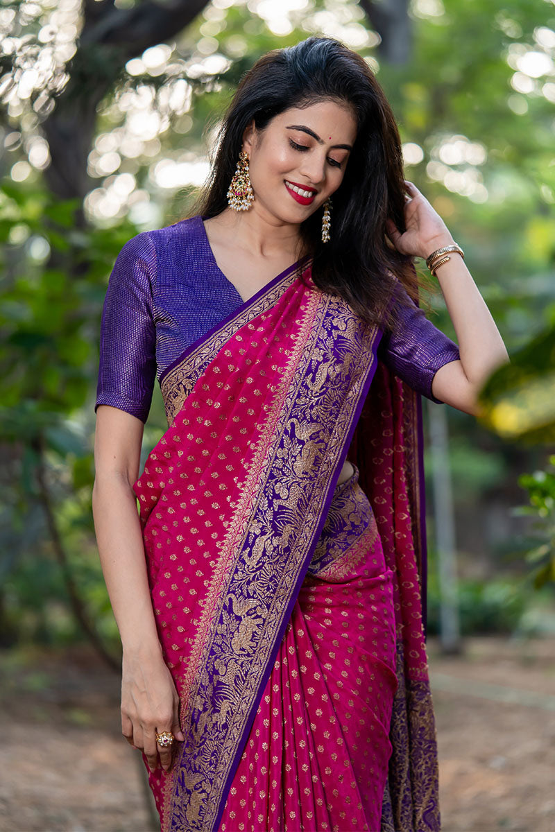 Alkananda Bodapaty In Pink & Purple Shikargah Woven Crepe Khaddi Silk Saree - Chinaya Banaras