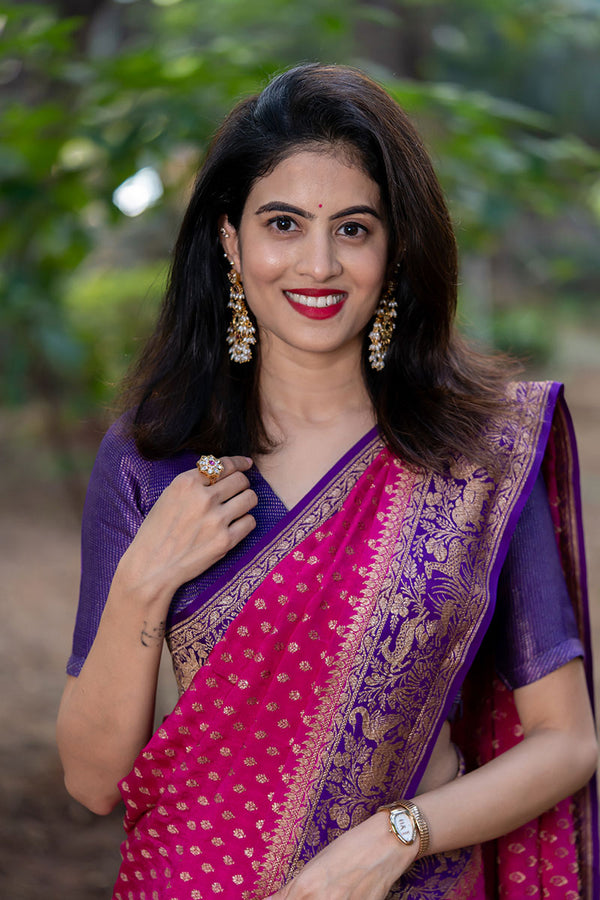 Alkananda Bodapaty In Pink & Purple Shikargah Woven Crepe Khaddi Silk Saree - Chinaya Banaras