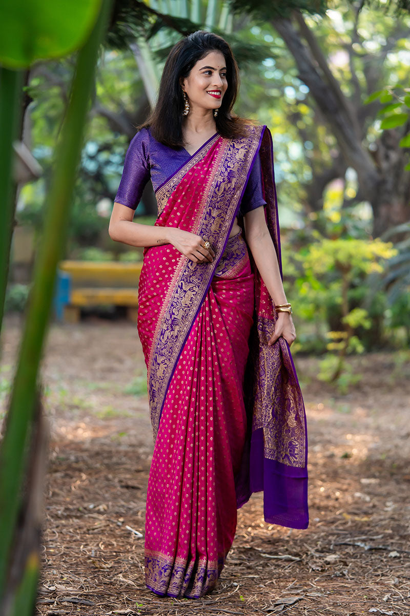 Alkananda Bodapaty In Pink & Purple Shikargah Woven Crepe Khaddi Silk Saree - Chinaya Banaras