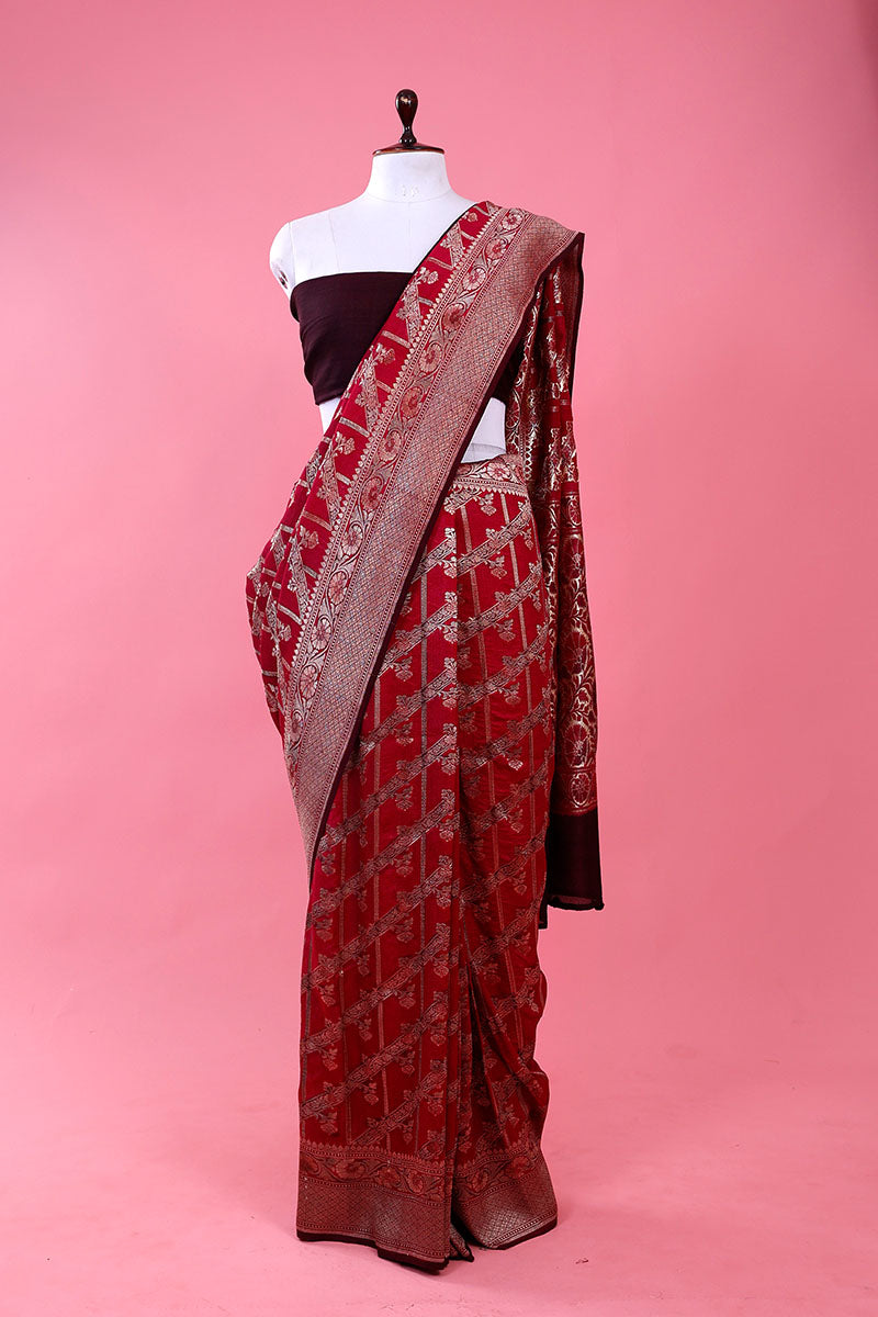 Magenta Handwoven Tussar Khaddi Silk Saree At Chinaya Banaras