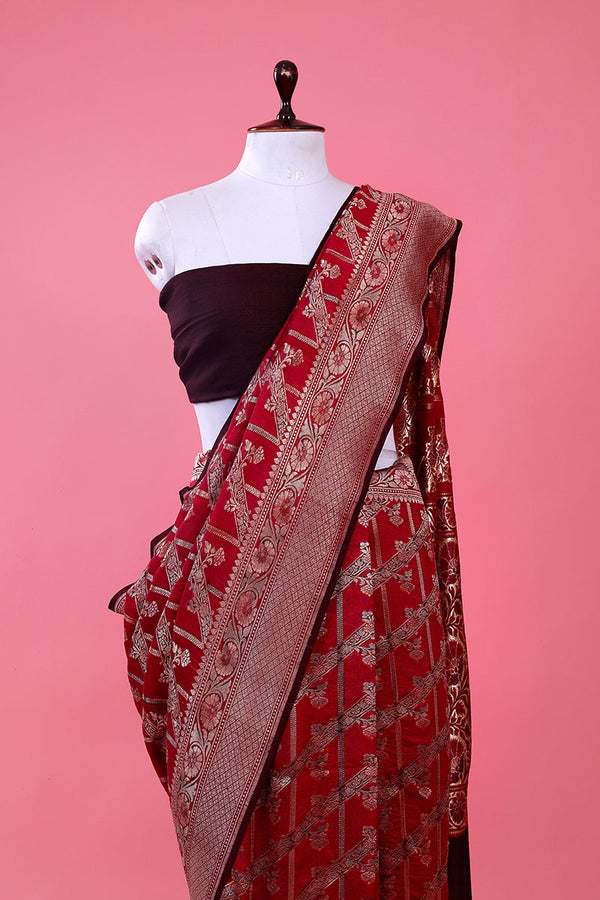 Deep Magenta Handwoven Tussar Khaddi Silk Saree - Chinaya Banaras