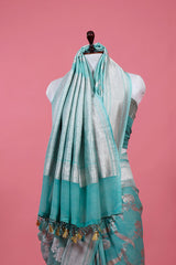 Aqua Blue Floral Jaal Handwoven Georgette Khaddi Silk Saree - Chinaya Banaras