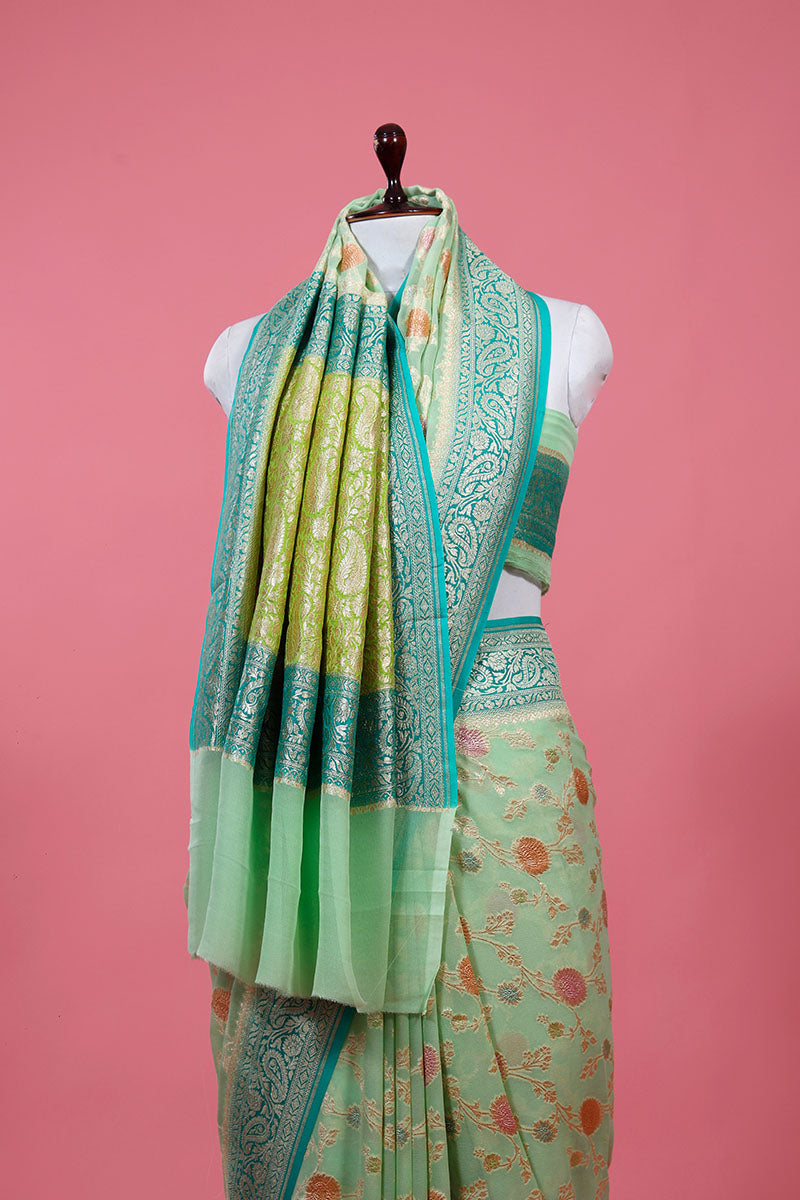 Mint Green Floral Meenakari Woven Georgette Khaddi Silk Saree - Chinaya Banaras