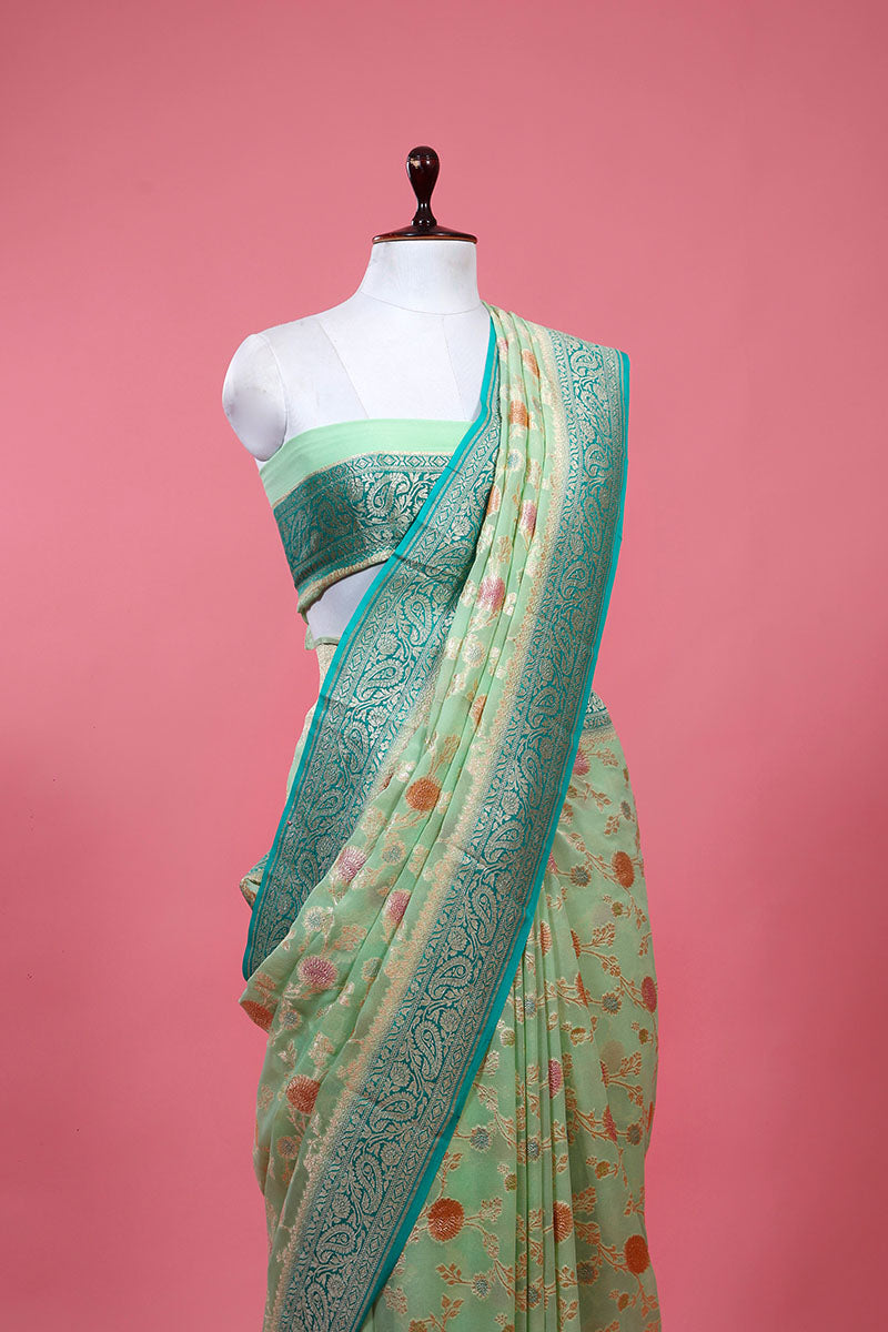 Mint Green Floral Meenakari Woven Georgette Khaddi Silk Saree - Chinaya Banaras