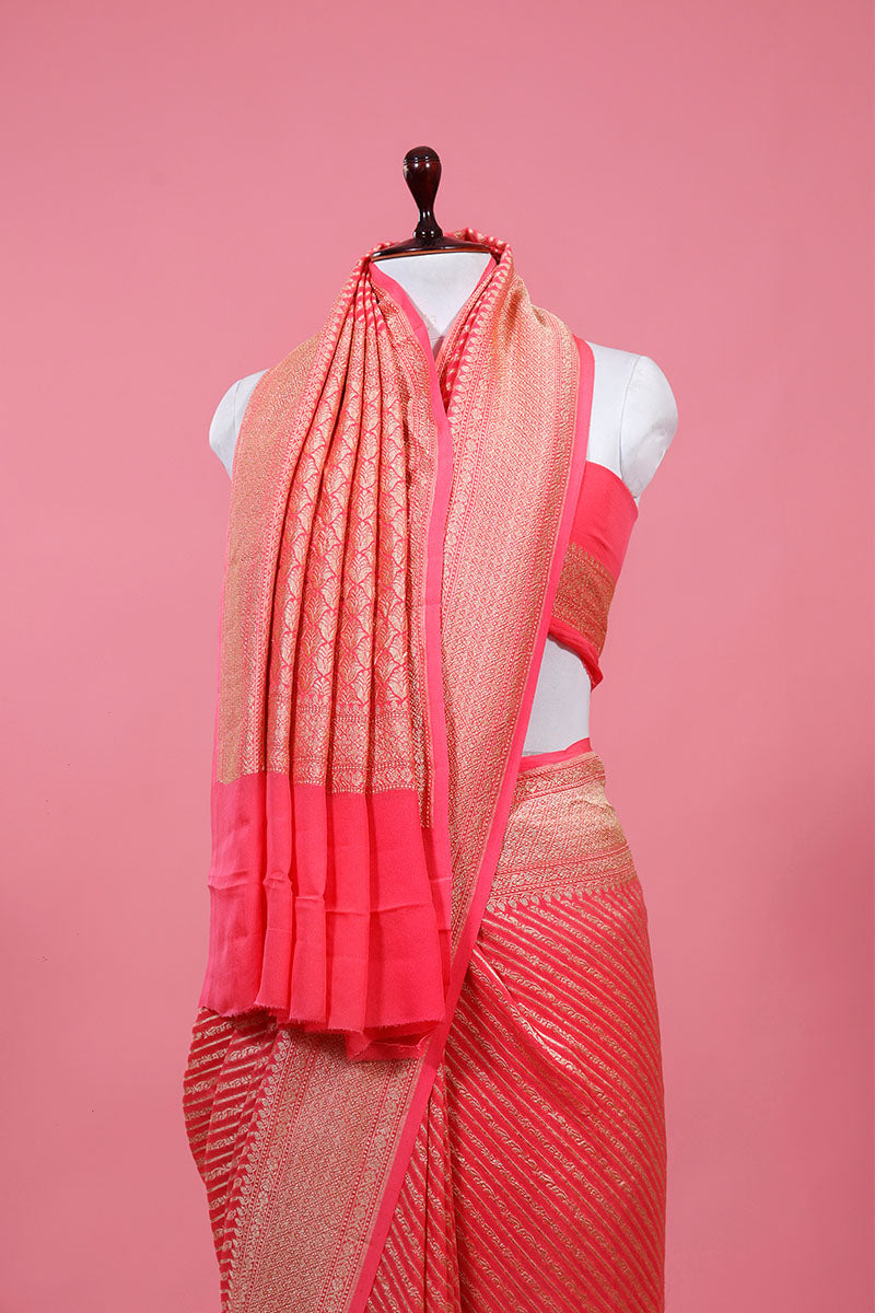 Peach Striped Woven Georgette Khaddi Silk Saree - Chinaya Banaras