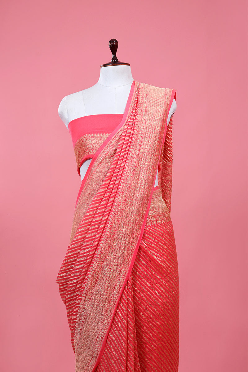 Peach Striped Woven Georgette Khaddi Silk Saree - Chinaya Banaras